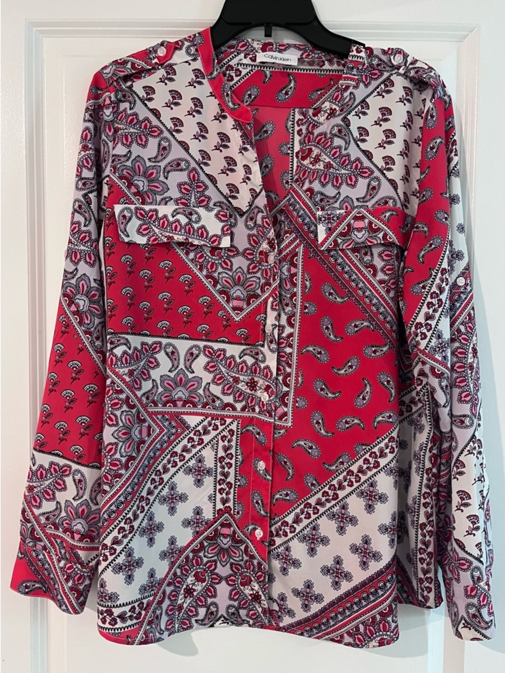 Calvin Klein Red, Pink & White Paisley Button-Up Top